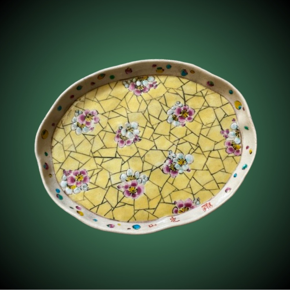 Vintage crazed yellow earthenware oval trinket dish w/ enameled cherry blossoms
